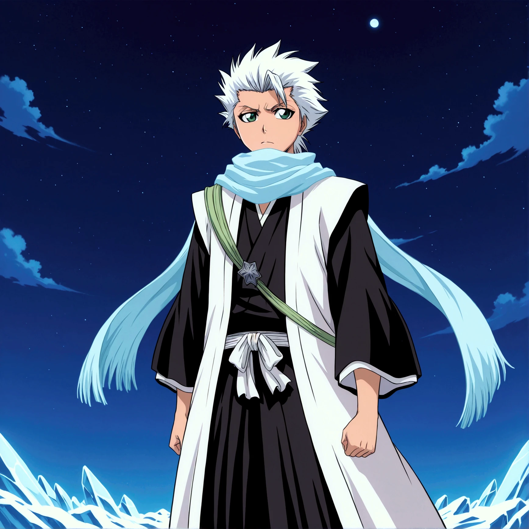  kind of behind,  background, Toshiro _ Hitsugaya  ( anime character from the anime Bleach),  handsome man , elegance, Confident,  dramatic composition ,  ashy short hair ,  Calm facial expression,  flowing scarf ,  black and white outfit , night sky, frostная атмосфера, fragments_Ice ( around character ), много Ice, cold, frost,  cinematic perspective,  anime style