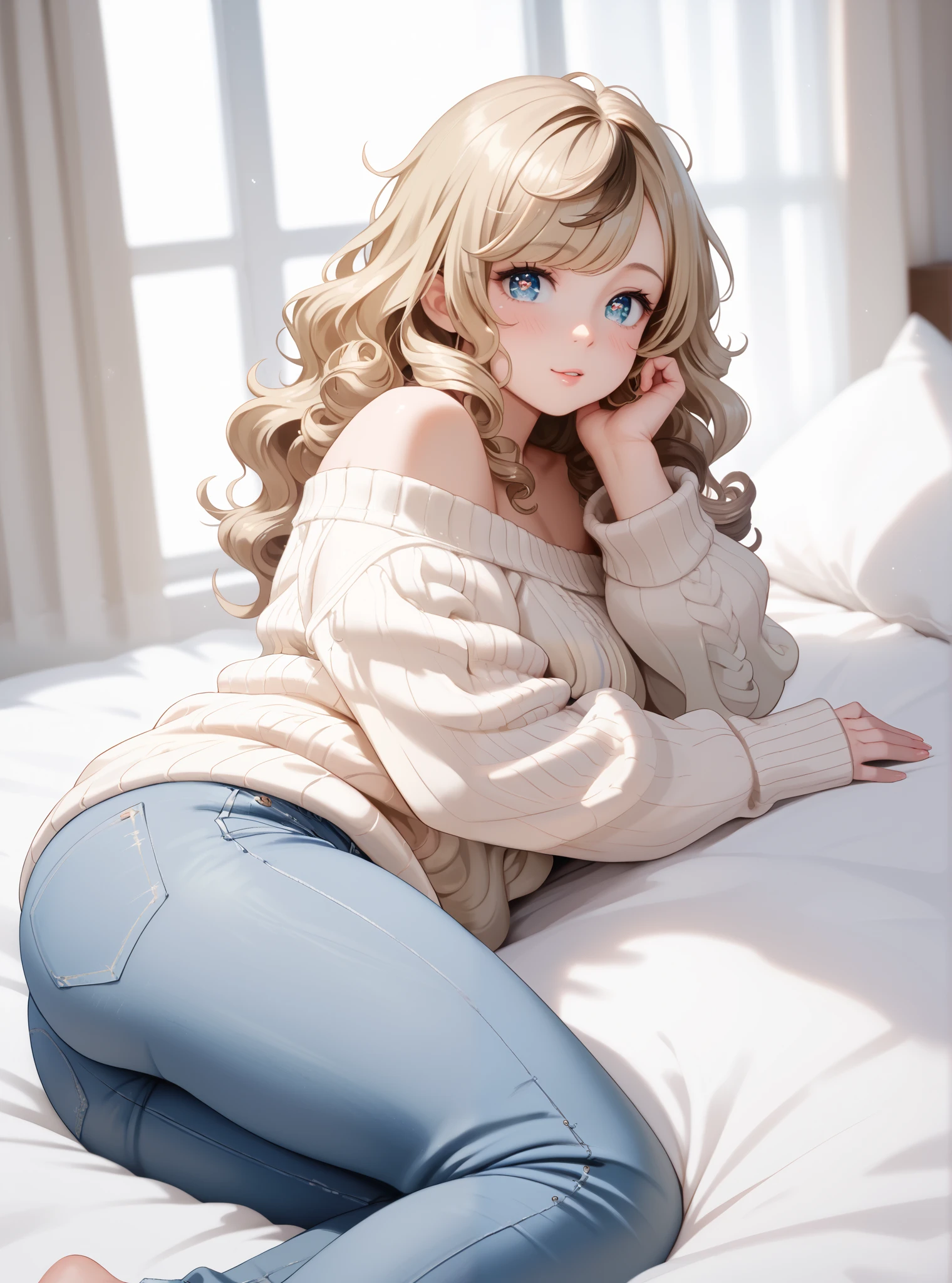 Wavy Hair, curly hair, messy hair, medium brown hair, Swept Bangs to the left,poofy bangs, curly bangs, light blonde streak in bangs, light blonde highlights in bangs, brown big Eyes, sparkling eyes, innocent look in eyes, wearing white wool knit sweater, slightly oversized sweater, wearing light blue skinny jeans, Blush, in bed, on side in bed, curvy, hour glass shape body, plump thighs and hips, Blending, Reflection Light, Realism, Soft Lighting, Anime Style