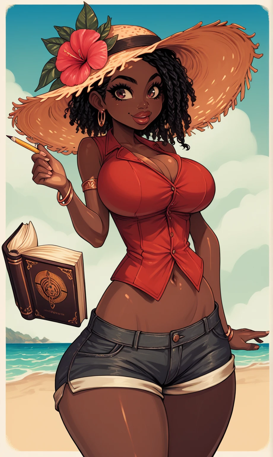 score_9, score_8_up, score_7_up, score_6_up, score_5_up, score_4_up, (source_anime),  1girl, giant breasts, big lips, black skin, beautiful face, black hair, dark skin, brown skin, African woman, pomegranate, eyes, hyper ass, red vest, straw hat, Levi short shorts, tropical beach, short stack, tropical flower on hat, book and pencil in hand, closed smile, drawing in book