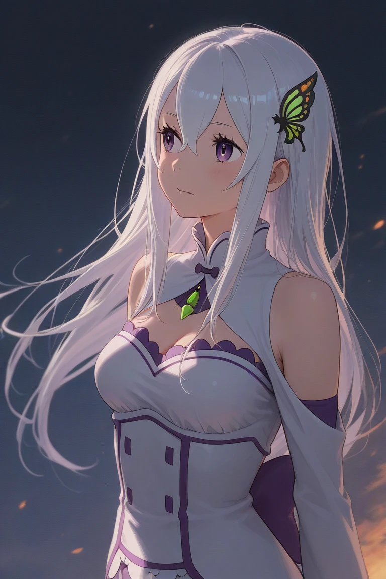 Emilia re:zero, purple eyes, Emilia, crown braid, x hair ornament, flower hair ornament, (((white hair:2.0))), long hair, medium breasts,, long hair, two side up, hair ribbon, tiara, parted bangs, hoop earrings, jewelry, bare shoulders, neck ring, bikini, single sleeve, detached sleeves, single thighhigh, black thighhighs, 1girl, solo, facing viewer, looking at viewer, upper body, smile.