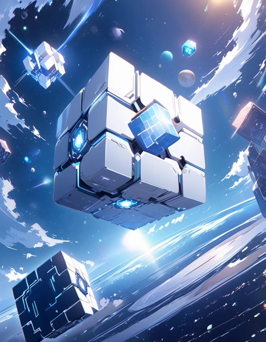 Detailed 8k magic cube of silver technological energy with outer space in the background