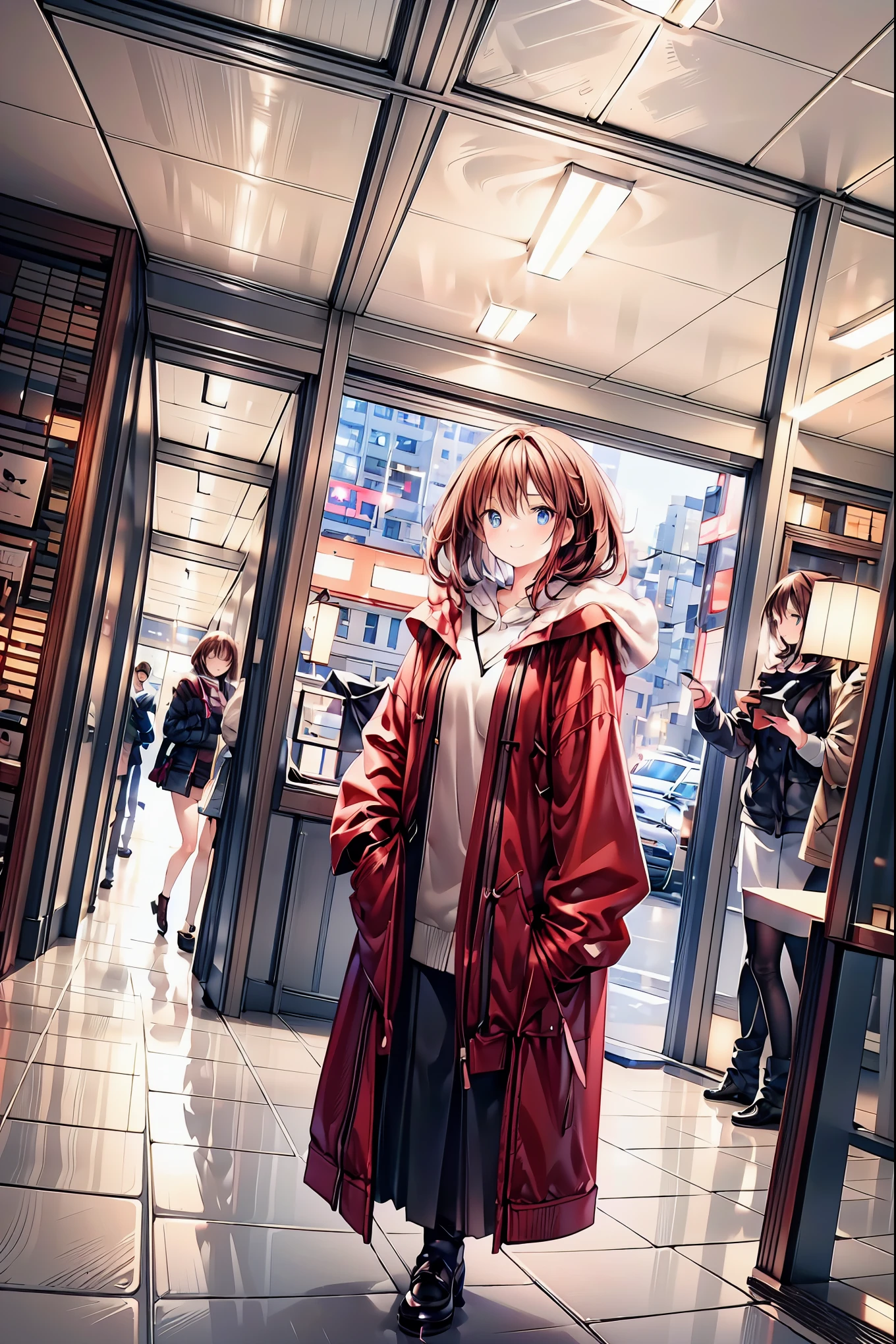 Winter clothes、Red coat、Bare legs、( top quality ,masterpiece:1.3, Ultra Fine ),( very detailed, caustics,8k),( realistic :1.4,RAW shooting),18 years old, Japanese , cute, Looking at the camera and smiling ,( Focus on Face :1.2),( face close-up :1.2),(Low position:1.3),( low angle:1.4), brown hair, shortcuts, slender beauty , messy hair,Cityscape, brown hair, shortcuts, tousled hair , short braided hair,Neat, Slender and beautiful woman ,Correct posture, small breasts, Beautiful Legs, Enchanting gray-blue eyes shine like stars,Droopy eyes, bright color , beautiful eyes,A delicate smile, Textured Skin, BEST QUALITY BEST , A humorous parody of a gentle and beautiful woman , anime style、