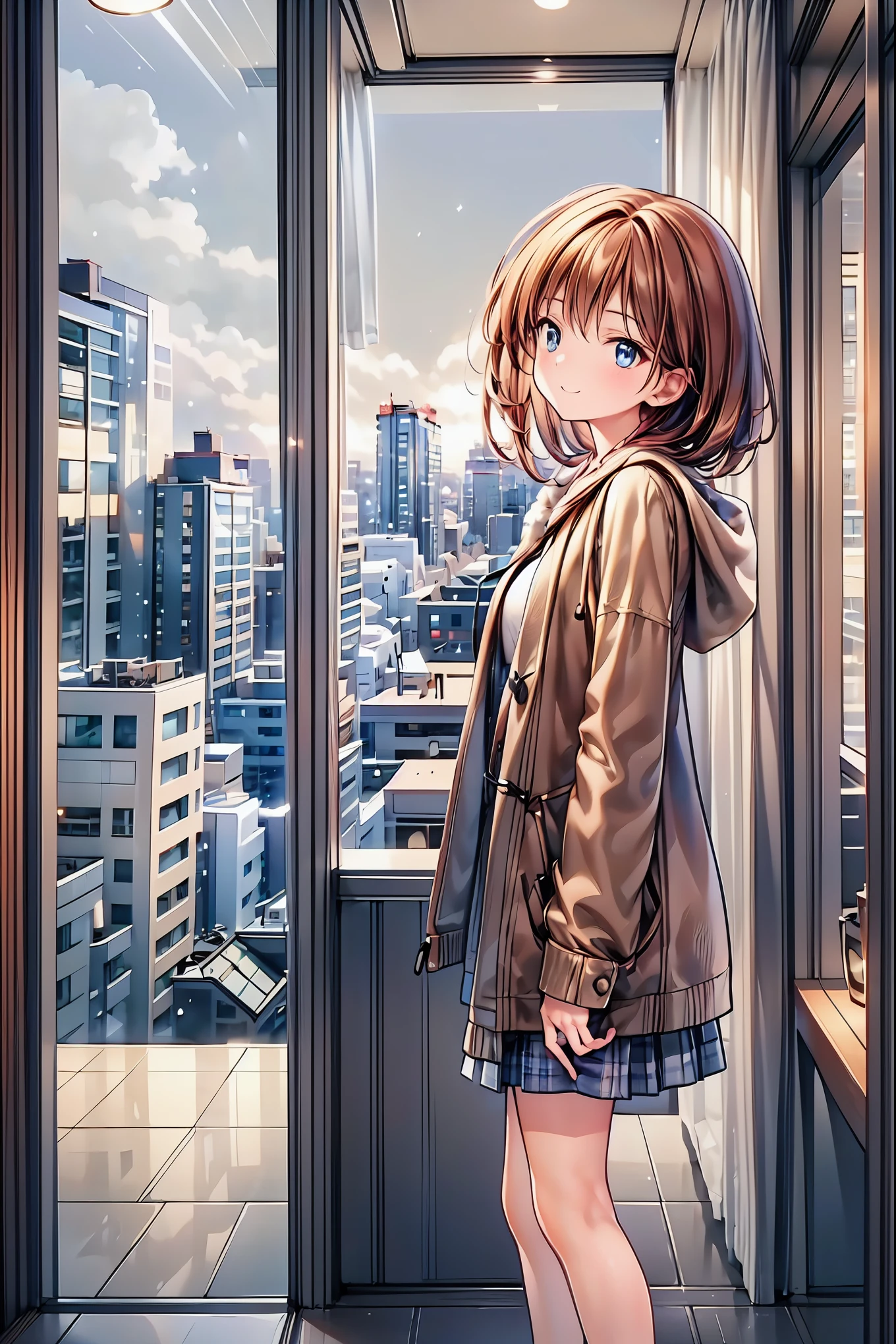 Winter clothes、Red coat、Bare legs、( top quality ,masterpiece:1.3, Ultra Fine ),( very detailed, caustics,8k),( realistic :1.4,RAW shooting),18 years old, Japanese , cute, Looking at the camera and smiling ,( Focus on Face :1.2),( face close-up :1.2),(Low position:1.3),( low angle:1.4), brown hair, shortcuts, slender beauty , messy hair,Cityscape, brown hair, shortcuts, tousled hair , short braided hair,Neat, Slender and beautiful woman ,Correct posture, small breasts, Beautiful Legs, Enchanting gray-blue eyes shine like stars,Droopy eyes, bright color , beautiful eyes,A delicate smile, Textured Skin, BEST QUALITY BEST , A humorous parody of a gentle and beautiful woman , anime style、