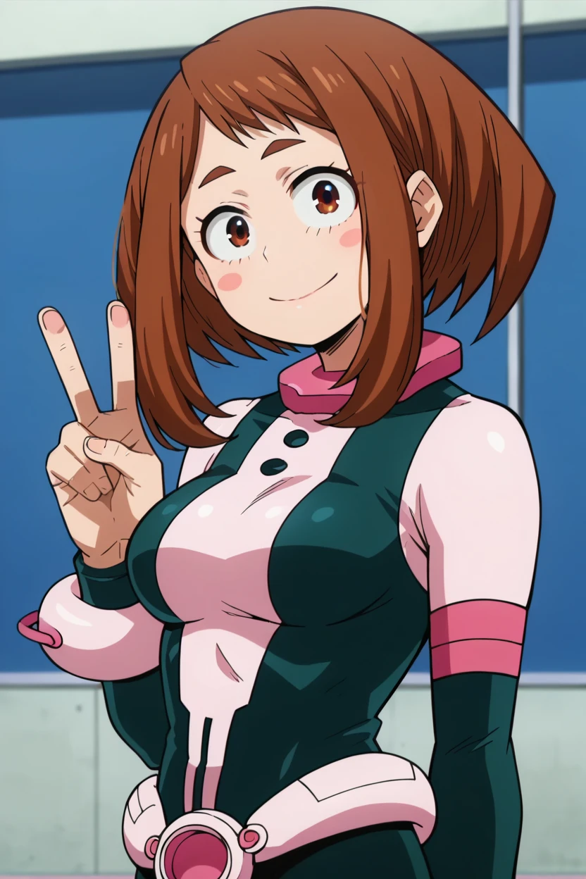 score_9, score_8_up, score_7_up, score_6_up, score_5_up,score_4_up BREAK official style,anime screencap, uraraka ochako, 1girl, brown hair,brown eyes, solo, superhero, hero bodysuit,pink belt, pink wrist guards, closed mouth, contrapposto, medium breasts,arm behind back, peace sign,smile, blush stickers,looking at viewer,
sensual style, sensual pose,
Background white
, head tilt,(from side:0.8),   