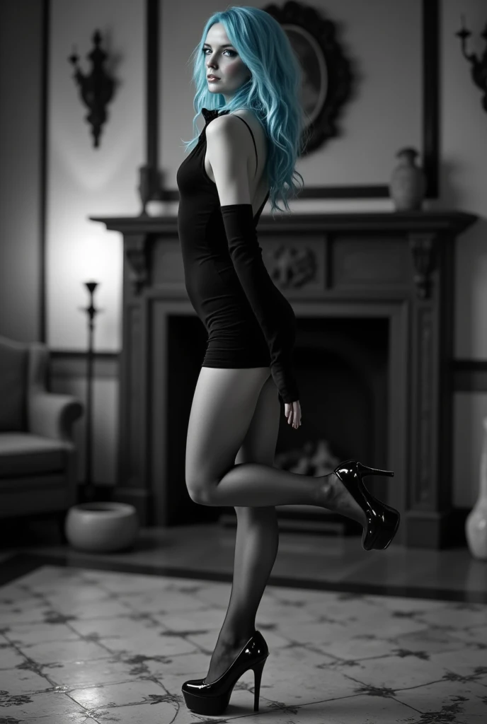  black and white photo of a person ,  that is standing in a room and putting a leg up and resting on a surface..  The motif is wearing a black dress , see-through stockings,  and high-heeled shoes . Light blue hair,  The focus is on the legs ,  caused by the contrast of stockings and the skin is emphasized .  In the background is a fireplace with mantle ,  and the floor is tiled .  The picture is in classic style , elegant style ,  emphasis on the curves and lines of the legs of the motif .  aidmafluxpro1 .1