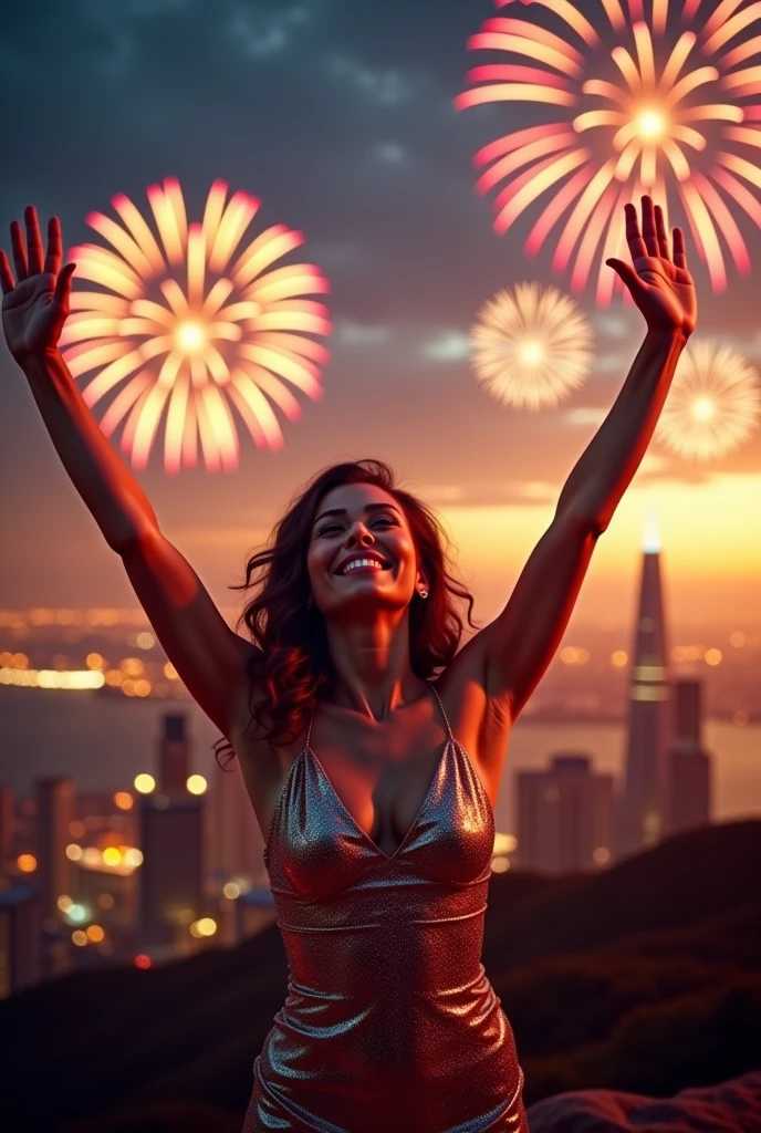 a close up of a latina Venus under the moonlight next to a river, she expressing joy, she is smiling and excited, fireworks, big smile on her face, hot, pyramids in the background, magic sparks around her, powerful, her shot --auto
