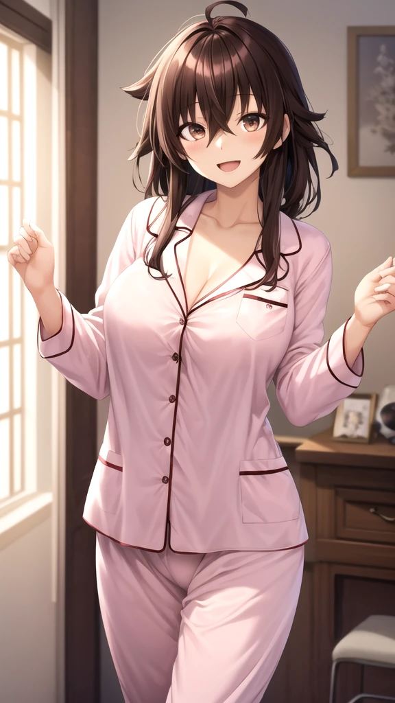 masterpiece, best quality, highres, aasugu, short hair, hairclip, cleavage, pajamas, red shirt, dress shirt, bare legs, standing, cowboy shot, indoors, room