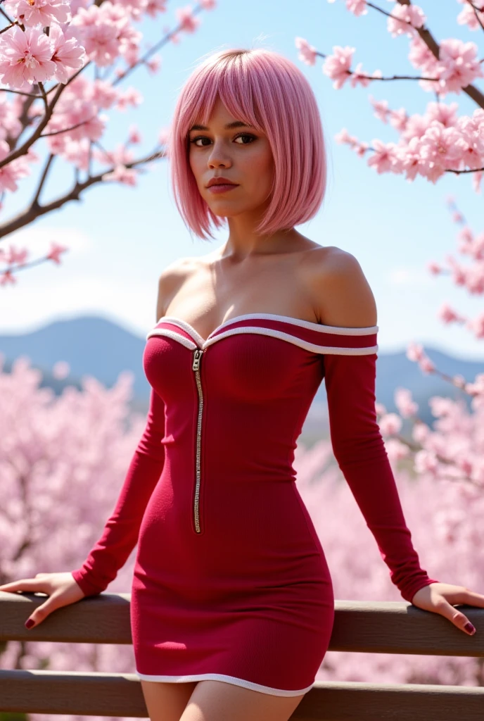 Generate a high-resolution, photorealistic image of Jenna Ortega in a serene spring outdoor setting. She stands among blooming cherry blossom trees with a clear, soft blue sky overhead and gentle sunlight casting a warm glow. The background features delicate pink cherry blossom petals floating in the air and covering the ground, creating a picturesque and tranquil atmosphere. Faint outlines of distant mountains add depth to the scene.

Jenna Ortega has pink hair styled in a bob cut with bangs framing her face. She wears a form-fitting, off-the-shoulder red dress with white trim, long sleeves, and a front zipper that accentuates her figure. Her posture is relaxed yet poised, with one hand resting on a wooden bench or railing. She exudes confidence with a subtle smile or a knowing gaze, balancing sexiness and elegance.

Details include:

Pink hair with subtle highlights and shadows for realism.

Dress with folds and creases suggesting movement and fabric texture.

Wooden surface with natural grain and a well-worn appearance.

Natural sunlight illuminating the scene, highlighting her hair and dress, with soft shadows adding dimension.

Colors: soft pinks of cherry blossoms, rich red of the dress, blue sky, and natural wooden tones creating a harmonious composition.

Ensure the image has pixel-perfect skin texture and is highly detailed, capturing Jenna Ortega's distinct features accurately. The scene should convey a sense of serenity and beauty, with Jenna Ortega as the focal point, exuding confidence and allure.