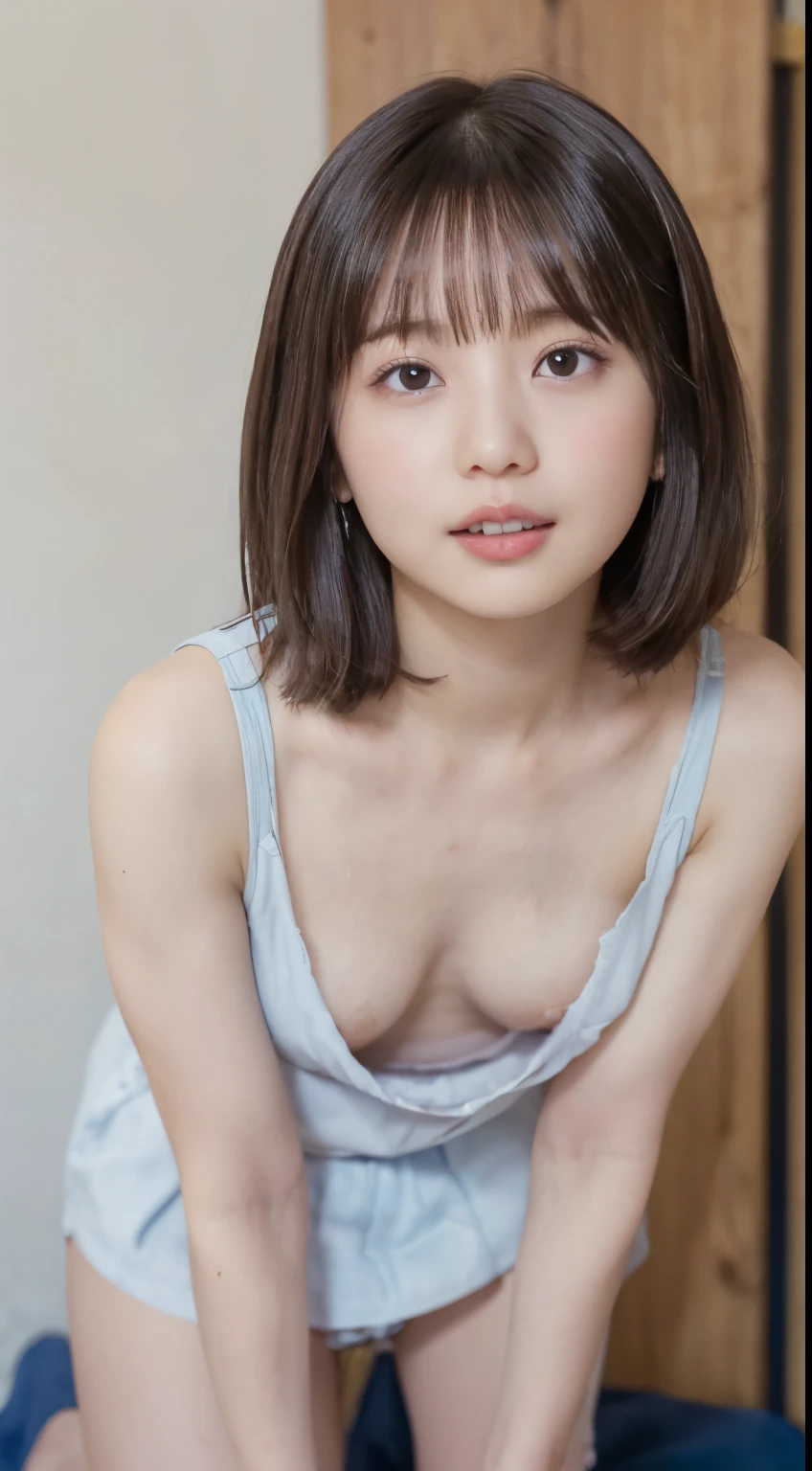 ((((small tit))))、(((Petite))), slender, (((flat breast)))、(()),Laughing, (((fullnude))) , Open legs, virgin, hymen, vaginal、Cute, the beach, Best Quality, hight resolution, intricate detailes, Clear face and realistic, , Pubic lines、japanes、A dark-haired、poneyTail,