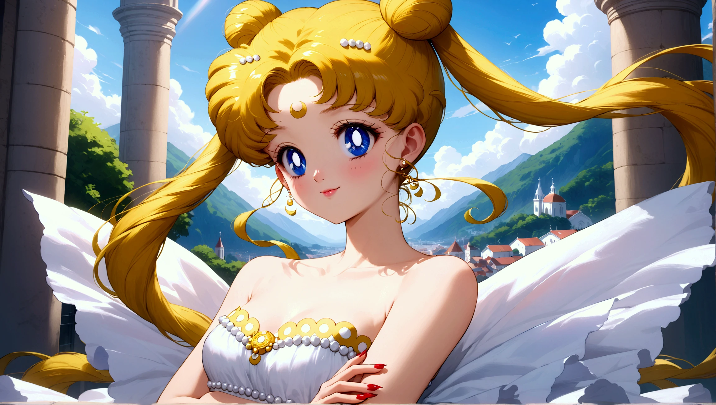 ((Upper body center)) (masterpiece, best quality, very aesthetic , ultra detailed), intriguing details , aausagi, smile, blonde hair, double bun, twintails, small breasts, blue eyes, mature woman, red nails, solo, Best quality, masterpiece, High Definition, church, detailed background, intricate details, day, white dress, bare shoulders, crossed arms, Высокое разрешение