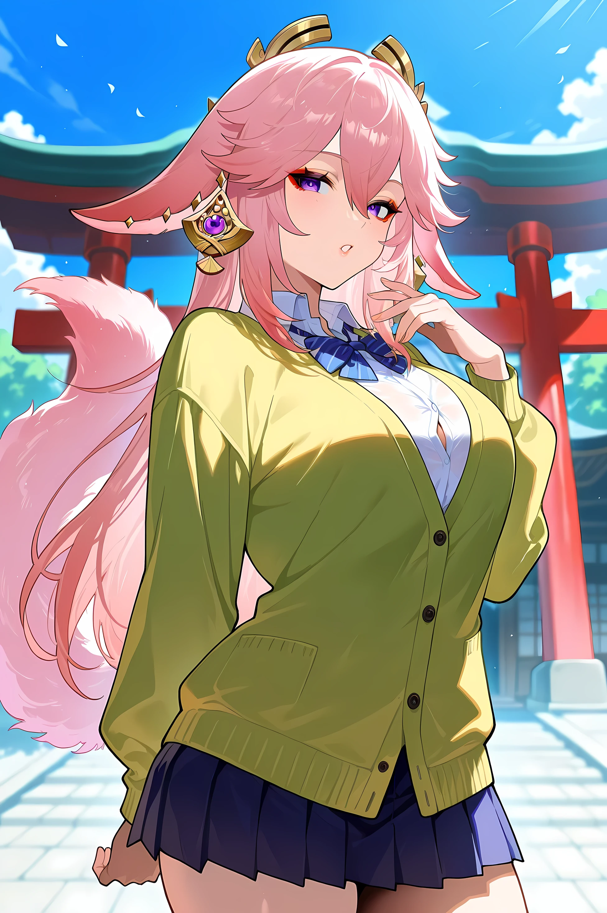 top quality、 more details、 High Resolution Illustration 、Ultra-high-definition CG、 Shrine Background 、Genshin Impact、 Yae Miko、Tail、Slanted Eyes、red eyeshadow、 eyeliner、 watching 、 one girl、 cardigan、 uncovered clothes、chest、 sexy、 provocative、Older sister、Bachon