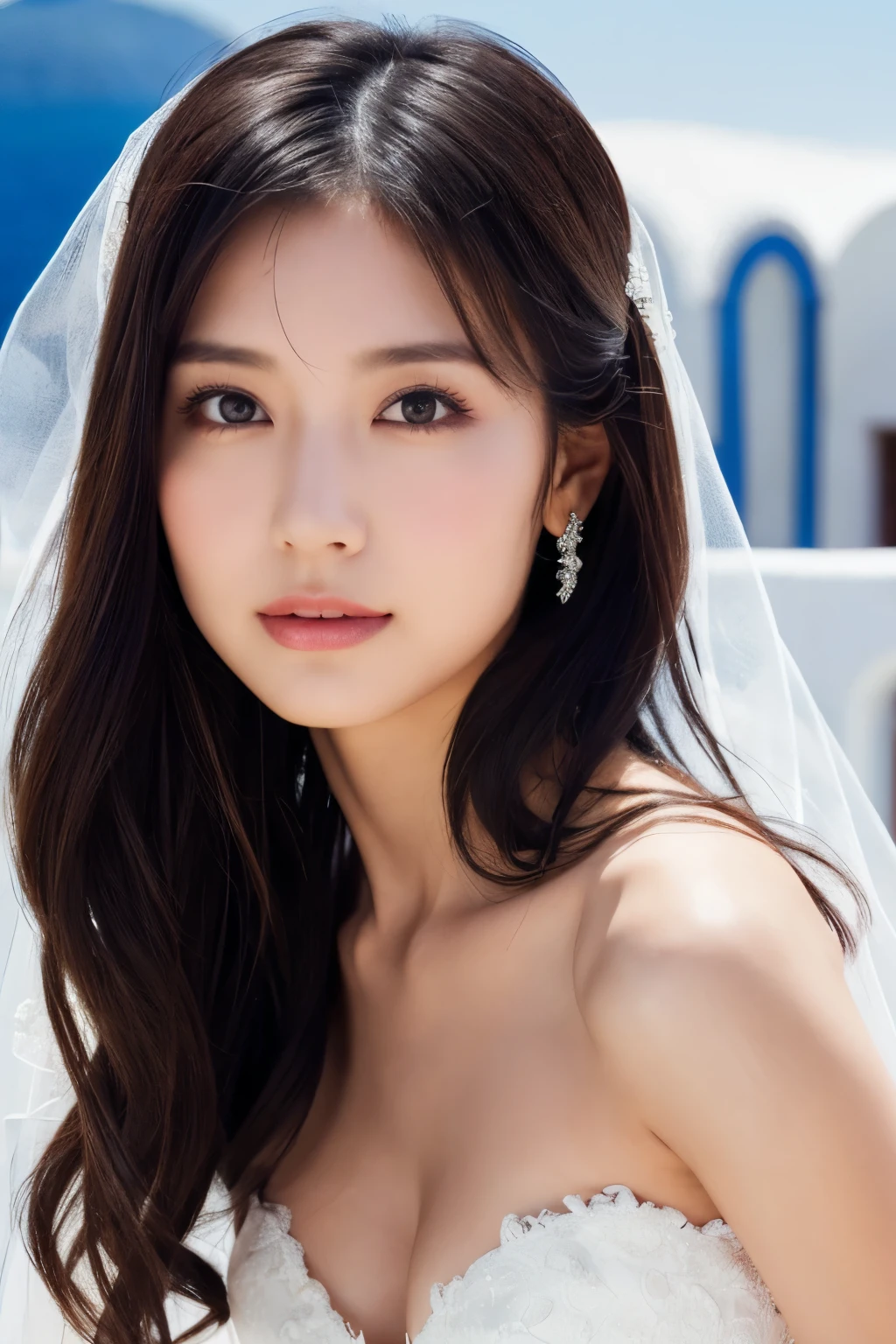  1 girl, ( wear a wedding dress:1.2), (Veil),  very beautiful Japanese idol portrait, ( lying down ),
( RAW photos,  top quality), ( realistic,  realistic:1.4), (masterpiece), 
 very delicate and beautiful ,  very detailed, 2k wallpaper,  amazing on the beach, finely,  very detailed CG Unity 8K wallpaper,  very detailed,  high definition, Soft light, 
 girl with beautiful details wearing a navy blue blouse,  very detailed目と顔,  beautiful and sophisticated nose ,  beautiful beautiful eyes under the sun,  movie lighting, 
(Santorini church ), (bell), (Aegean Sea),
Perfect Anatomy ,  slender body, ( small breasts), (A shy smile:0.8), whole body