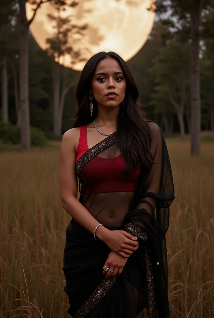 Generate a sharp, photorealistic photo of Jenna Ortega embodying the theme of a "Sexy-Hot-Desi Girl" with a confident pose. Set the scene outdoors in a natural woodland environment, surrounded by tall grasses and dense trees, creating a serene and mystical atmosphere. The lighting should be soft, warm, and diffused, with a slight reddish tint, giving the image a vintage feel. A large, full moon should be prominently visible through the trees in the background, casting a gentle glow over the scene.

Jenna stands in the foreground, slightly off-center, exuding elegance and confidence. She wears a black transparent saree with red inner linings, draped elegantly with the pallu resting over her shoulder and arm. The transparency of the saree subtly reveals the red inner garment, creating a striking contrast against the dark outer layer. Her posture is relaxed yet poised, with one hand resting on her hip and the other gently holding the saree. Her head is tilted slightly upwards, and her long, dark hair cascades over her shoulders in loose waves.

Ensure the image captures Jenna's real features accurately, with pixel-perfect skin texture. The saree should have a delicate, gauzy texture with subtle embroidery along the borders, adding a touch of elegance. She wears minimal jewelry, including a pair of hoop earrings and a delicate necklace, which complement her outfit without overpowering it.

The background should be filled with tall grasses and trees, creating a dense, natural environment. The full moon adds a magical quality to the setting, suggesting a tranquil, almost ethereal scene. The overall color palette should be muted earth tones, with the black and red of the saree providing bold contrasts.

Compose the image from a slightly lower angle to emphasize Jenna's confidence and elegance. The focus should be sharp on Jenna's face and body, with the background softly blurred to highlight her presence. Consider adding a gentle breeze to animate her hair and saree, bring