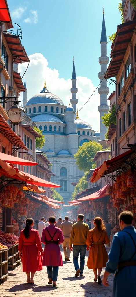 a vibrant marketplace filled with bustling activity in the heart of Istanbul during the height of the Ottoman Empire. The image showcases a historic architectural masterpiece, the magnificent Sultan Ahmed Mosque (also known as the Blue Mosque), with its elegant domes and intricate minarets reaching towards the sky. In the foreground, you see people from diverse backgrounds, donned in traditional Ottoman clothing, engaged in animated conversations while going about their daily lives. The air is filled with the aroma of exotic spices, and colorful textiles and carpets are displayed in stalls, adding to the visual tapestry of the scene.