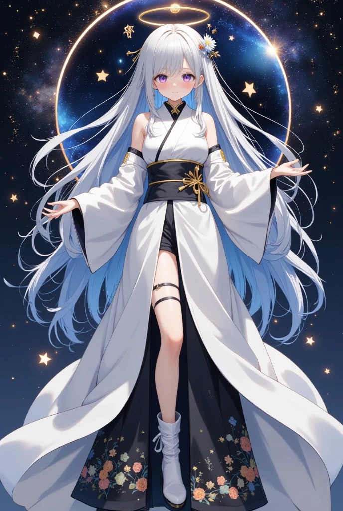 Fresh illustration,
Ultra-fine drawing,
Top quality,
Very delicate illustration,
Very fine details,
Beautiful charming anime woman,
Enchanting anime girl,
Super detailed,
Beautiful and sophisticated,
Illustration of a girl,
Full body view,
Height 158cm,
Fair skin,
Right eye blue, left eye purple, complete heterochromia,
Large black pupils,
Beautiful eyes,
Super long hair,
Shiny hair,
Blue roots, white hair elsewhere,
Hair with gradient,
Protruding forehead,
Pretty and cute face,
Rich cheeks,
Small shiny halo floating on the back of the head,
Lowered eyebrows,
Smiling,
Upper body in kimono,
Overall white clothes,
Lower body in cheongsam,
Black obi,
Tasteful embroidery with gold thread,
Clothes with high-quality texture,
Narrow shoulders,
Big breasts,
garter belt,
thigh straps,
thigh straps digging into skin,
white long boots,
thin waist,
thick thighs,
isometric,
golden ratio,
divine atmosphere,
wearing an indigo-colored stand-up collared inner,
outer space,
multiple galaxies,
countless small stars,
tactical use of shadows,
hair and halo on head do not extend beyond frame,
clothes do not extend beyond frame,
waist shot,