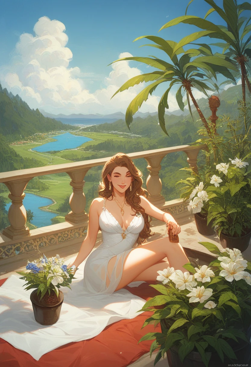 Courtyard Paintings with Flowers and Potted Plants , inspired by thomas kinkade、From Caruso, by thomas kinkade、From Caruso, in a Mediterranean landscape , Colourful and Detailed , extremly detailed oil painting, Frank Buscher , Dmitry Spiros, Beautiful Oil Matte Paintings , landscape, Beautiful paintings, landscape 詳細