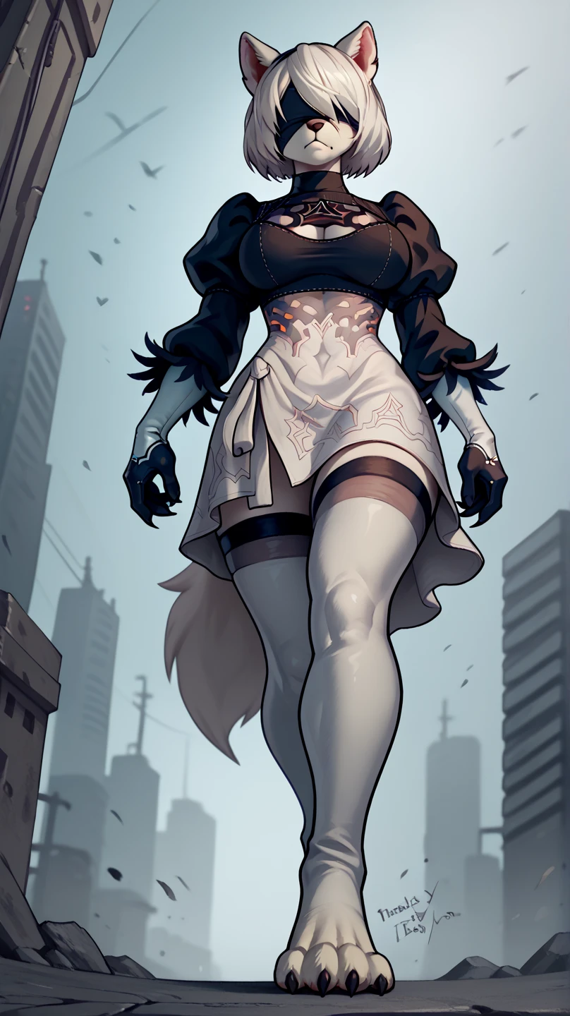 A hyper realistic anthropomorphic female wolf, low-angle shot, visibly huge stocky body wearing a DANCER LINGERIE
VEIL
SEE-THROUGH
PELVIC CURTAIN
REVEALING CLOTHES
Lace
 MOUTH VEIL
Blushing
Goth
Nose ring 
Close up 