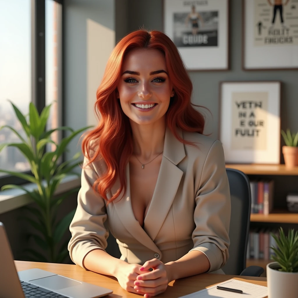 Create a professional and engaging scene of Auri Martinez in her modern office space. Auri is sitting at a stylish desk, dressed in a chic, casual yet professional outfit. The office is well-lit with natural light streaming through a large window, offering a view of the Valencia skyline. Auri is smiling confidently as she looks directly at the camera, saying, 'Auri Martinez – Ready to collaborate! Are you a brand looking for a fresh face for 2025? Let's work together!' Her deep red auburn hair is styled in soft waves, and her emerald green eyes shine with enthusiasm. The desk is tidy with a laptop, a plant, and a coffee cup. A few motivational quotes and fitness magazines are visible in the background, reflecting her lifestyle focus.

Render this scene in 8K Ultra HD for exceptional detail and realism. Focus on Auri’s facial expressions, ensuring her lips and eyes are photorealistic and expressive as she speaks. Movements should feel smooth, organic, and free from distortion. The lighting should be warm and inviting, emphasizing her approachable and confident demeanor.