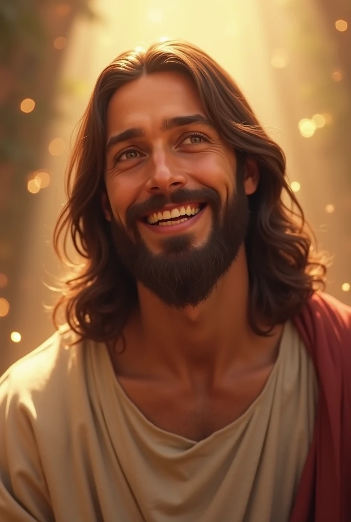 "Create an image of Jesus with a soft, welcoming smile, even while wearing a crown of thorns. He should have an expression that conveys peace and compassion, despite the pain symbolized by the crown. Dress him in a simple, flowing robe in soft tones. The background could be a peaceful scene, such as a dawn sky or a heavenly setting. The image should reflect a combination of suffering and hope, showing Jesus' strength and love."