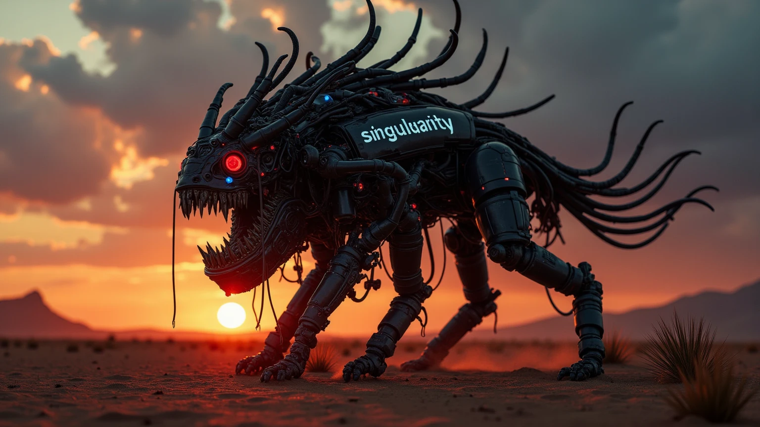 Captured at eye-level on a low-angle perspective, a medium-angle shot captures a beast drone with teeth adorned with red and blue headlights. The creature's body is adorned with black metal pipes, with the glowing red lettering "Singularity" on it's side, and its head is encircled by a series of long, curved arms and legs. Its eyes are glowing red, adding a pop of colour to the otherwise monochromatic scene. The scene is set in a desert-like setting, with a mountain range in the background. The sky is filled with dark gray clouds, and the sun is setting in the distance, creating a vibrant contrast to the scene. ray tracing, photorealistic, DSLR, UHD, 16k, masterpiece, award-winning