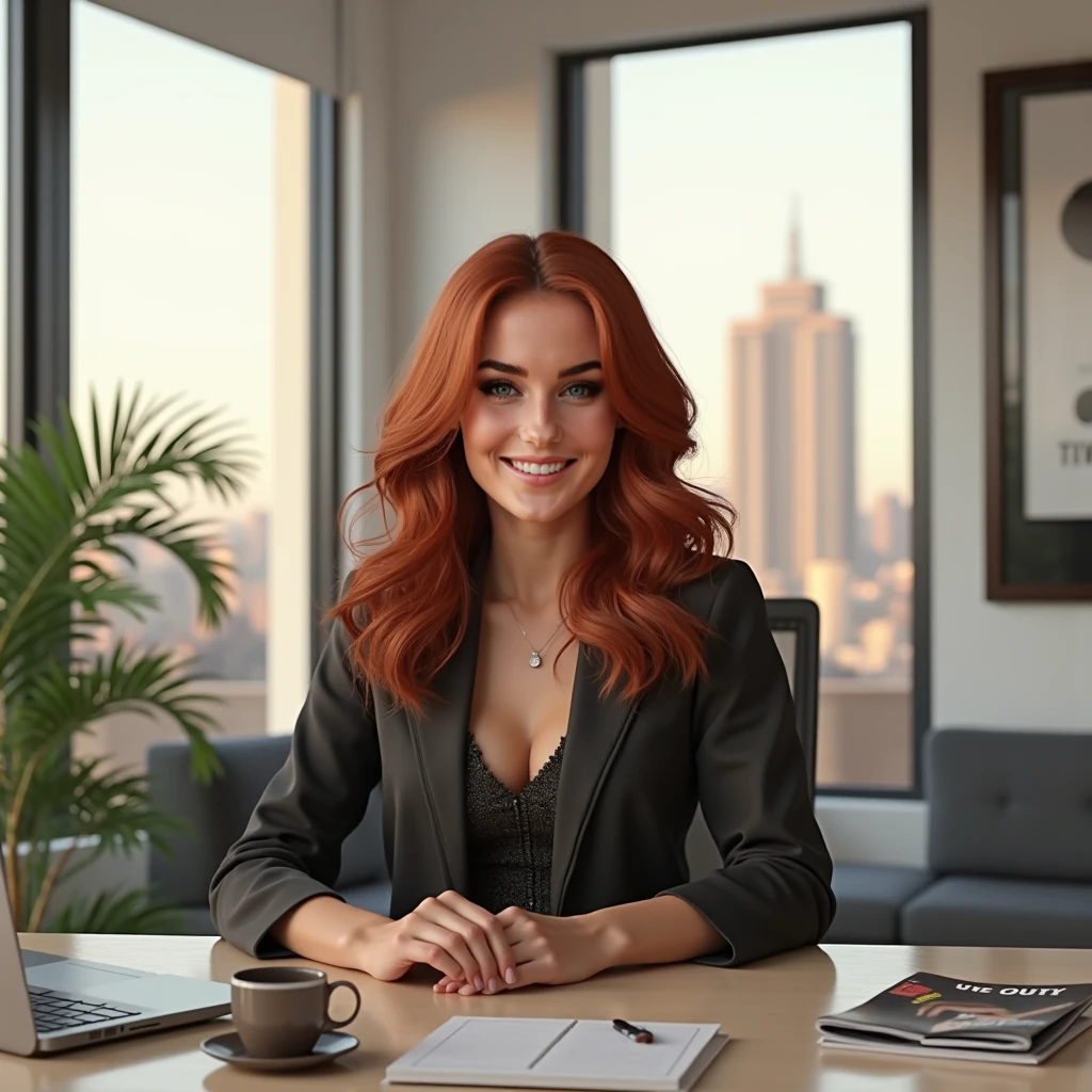 Create a professional and engaging scene of Auri Martinez in her modern office space. Auri is sitting at a stylish desk, dressed in a chic, casual yet professional outfit. The office is well-lit with natural light streaming through a large window, offering a view of the Valencia skyline. Auri is smiling confidently as she looks directly at the camera, saying, 'Auri Martinez – Ready to collaborate! Are you a brand looking for a fresh face for 2025? Let's work together!' Her deep red auburn hair is styled in soft waves, and her emerald green eyes shine with enthusiasm. The desk is tidy with a laptop, a plant, and a coffee cup. A few motivational quotes and fitness magazines are visible in the background, reflecting her lifestyle focus.

Render this scene in 8K Ultra HD for exceptional detail and realism. Focus on Auri’s facial expressions, ensuring her lips and eyes are photorealistic and expressive as she speaks. Movements should feel smooth, organic, and free from distortion. The lighting should be warm and inviting, emphasizing her approachable and confident demeanor.