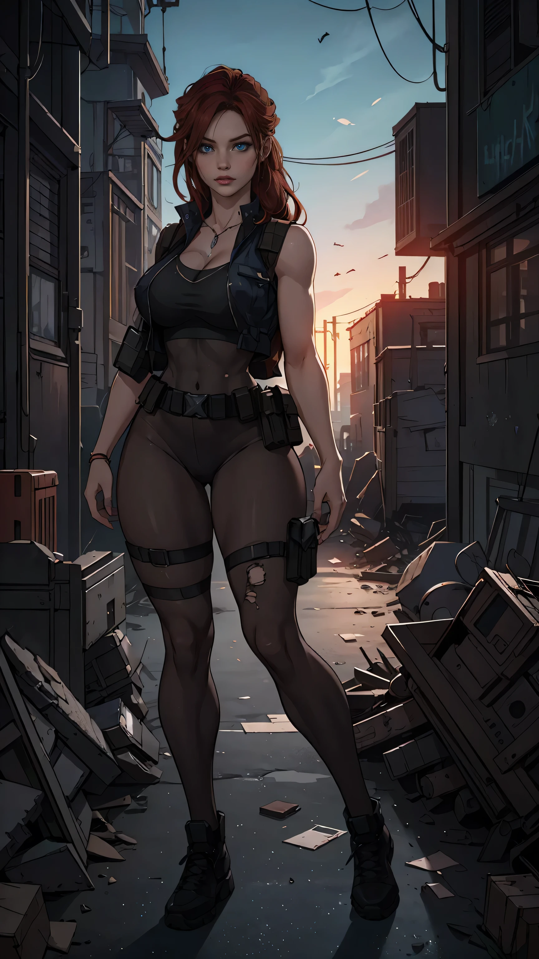 a beautiful and detailed portrait of claire redfield, a young woman with long red hair, piercing blue eyes, and a determined expression, wearing a tactical vest, set in a gritty, post-apocalyptic urban environment with decaying buildings and debris in the background, cinematic lighting, photorealistic, highly detailed, 8k, masterpiece, ((seethrough)), full body Pic