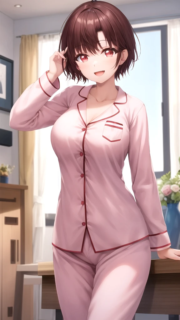 masterpiece, best quality, high quality, girl, solo, looking at viewer, yuuta_kadowaki, large breasts, pajamas, standing, smile, open mouth 