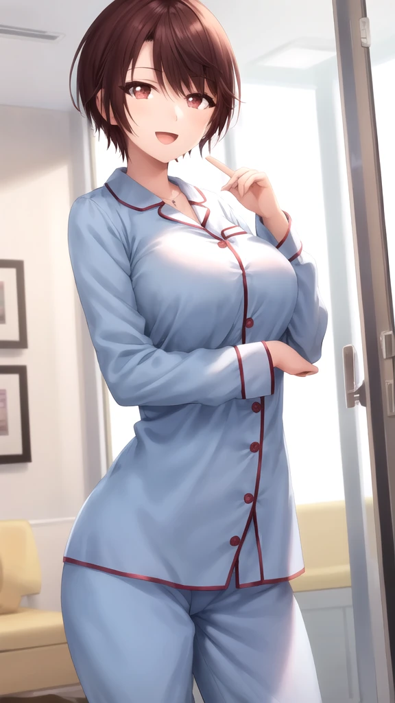 masterpiece, best quality, high quality, girl, solo, looking at viewer, yuuta_kadowaki, large breasts, pajamas, standing, smile, open mouth 