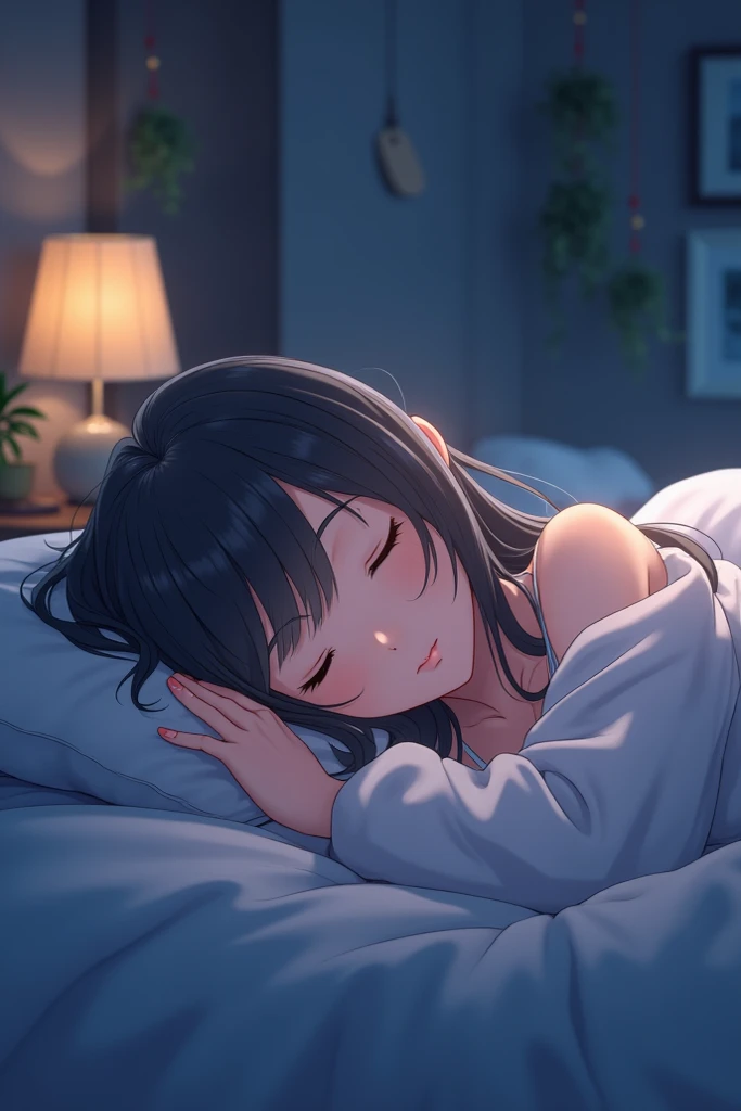 (Best Quality), ((Masterpiece)), (Illustration), (Ultra-detailed), 1Girl, Solo, Sleeping, pijama, Warm light source effect, A girl with, pillow, pillow, (colors: pastel:1.3), night sky