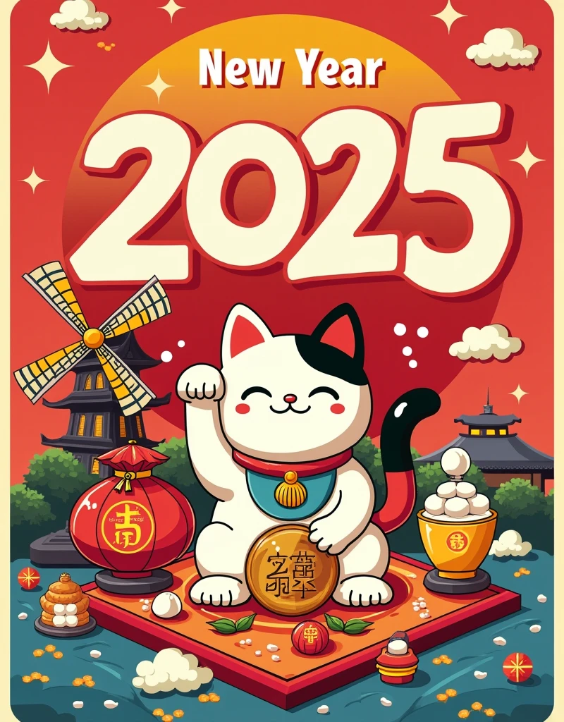new yearのポスター, 2025と書かれた, new year, colorful background, unique gradient, Pop art style, Lucky Bag, Lucky cat, casual font with 2025 written on it , windmill, Kagami mochi