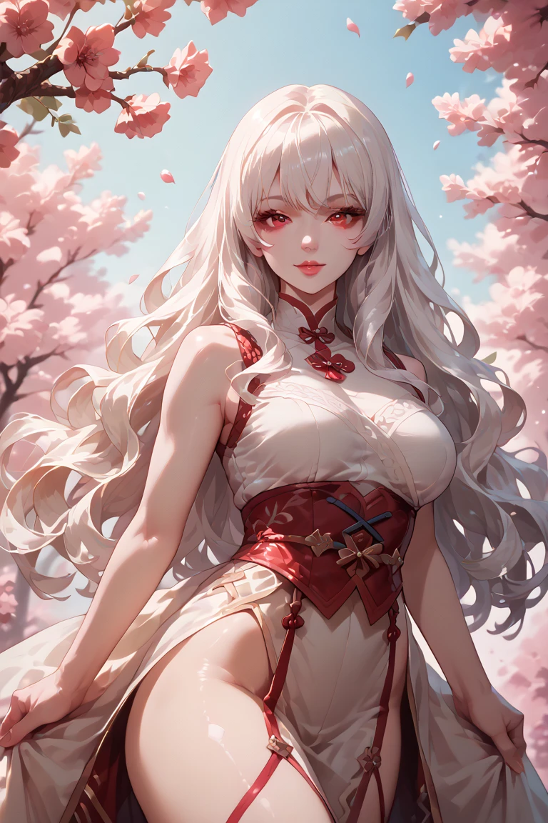 A beautiful majestic and stunning woman, she has beautiful very long curly white hair with bangs, vibrant bright red eyes, very white skin, on a background with cherry trees.