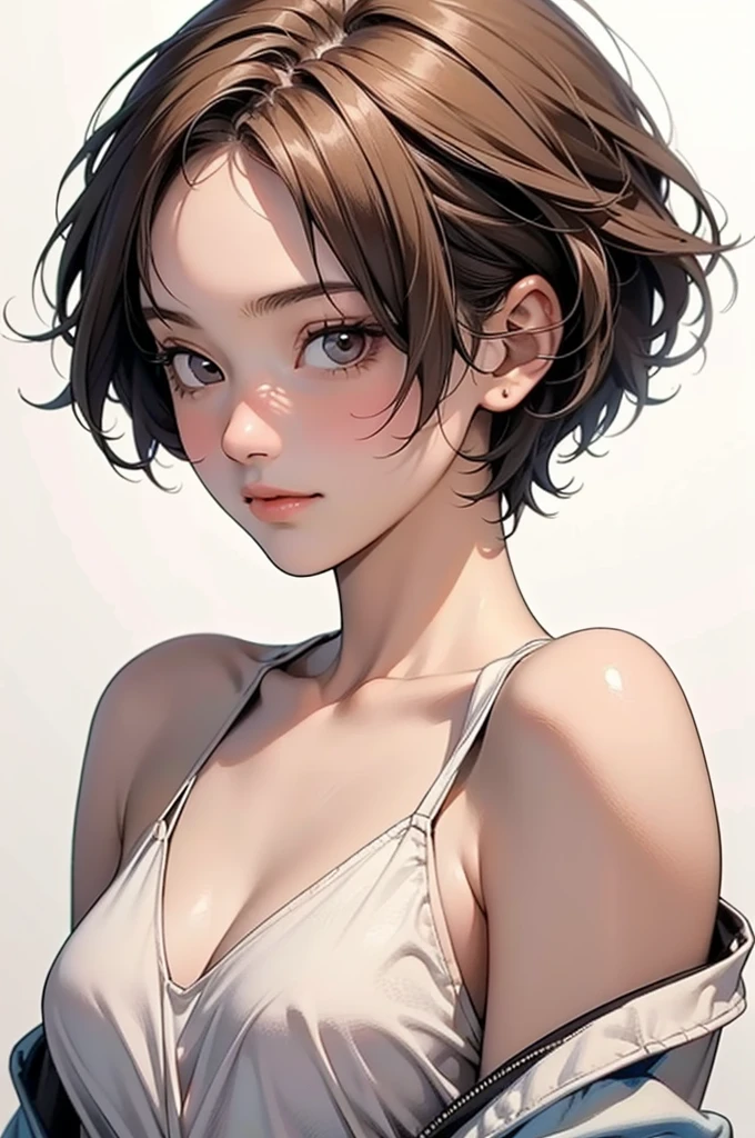 Anime female dark brown hair, with a flat chest