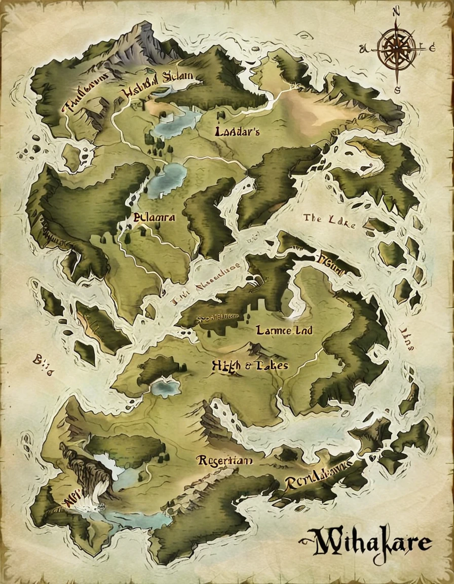 Map, From jungle island ,  with high mountains rivers and lakes,  big island size ,  several towns and cities ,  pre-Columbian cities
