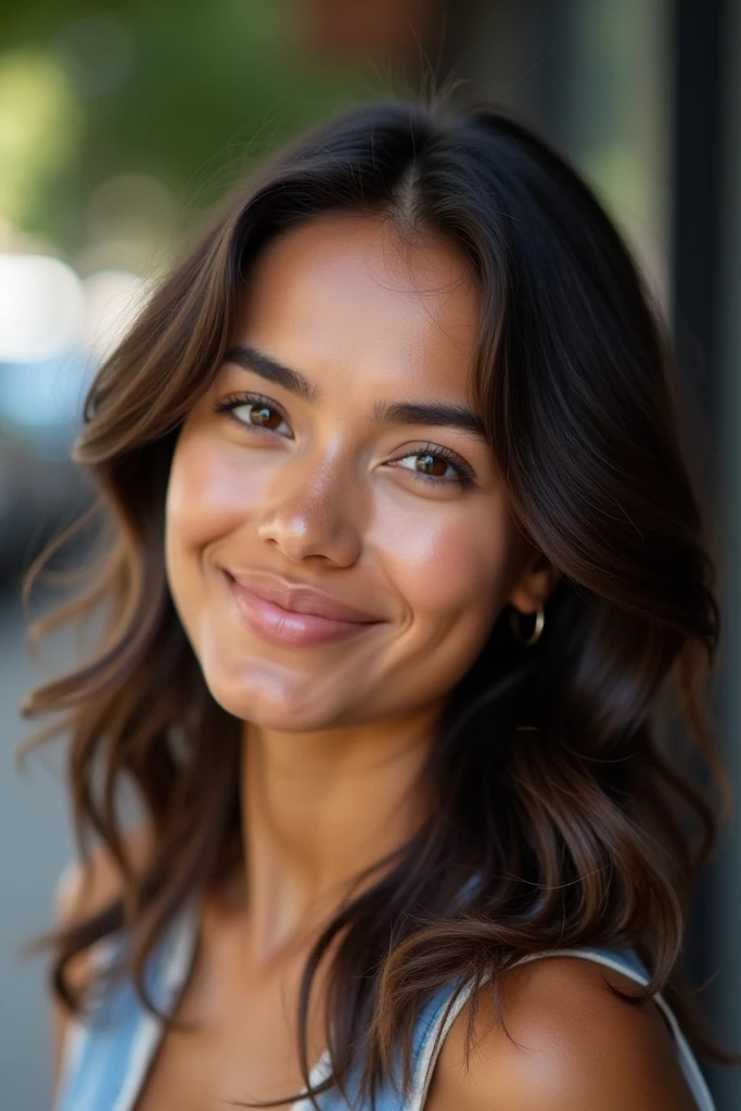 a beautiful portrait of an attractive latin female model, 2020 style fashion photography., high resolution image, stylish female model 2020, female model with natural makeup look, female model wearing a casual outfit, female model in a relaxed pose, Female model with a warm smile, female model in a natural environment, female model surrounded by warm lighting, touching the right ear with the right hand