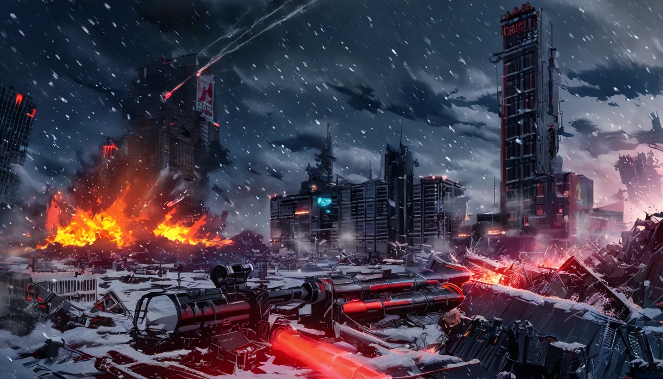 cold, destroyed place, fire, explosion, red neon lights, smoke, cloudy, cyberpunk city, rocket launcher, missles, snowstorm background, comics art style
