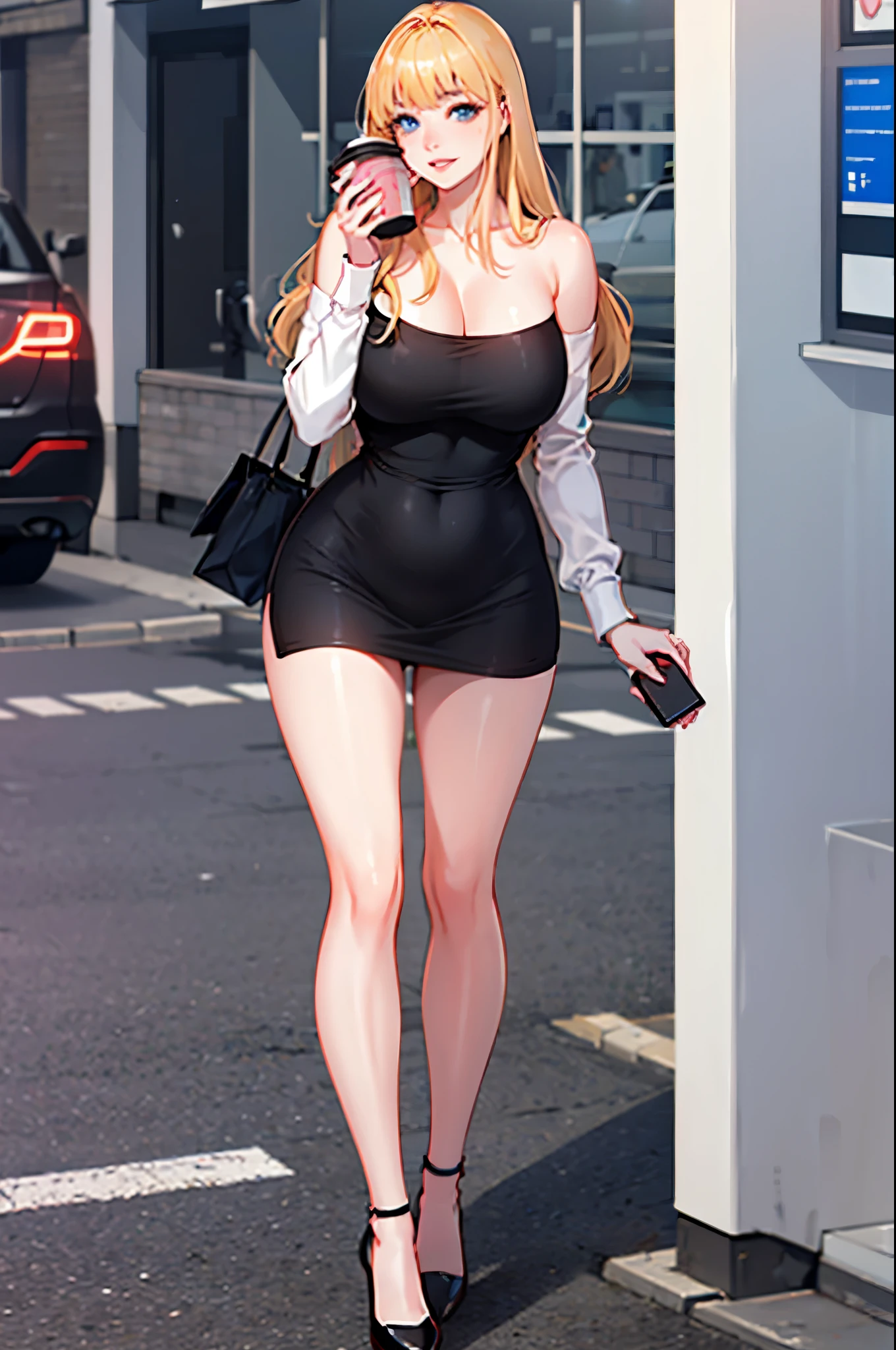 A sexy slim cute beautiful woman with blonde long hair bangs, big blue eyes, extremely fair white skin, and pink plump lips. She's wearing a revealing short tight top with sleeves and a skirt with black strappy heels. A takeaway cup in one hand, a happy expression, a street in the background, standing straight, and show full body.