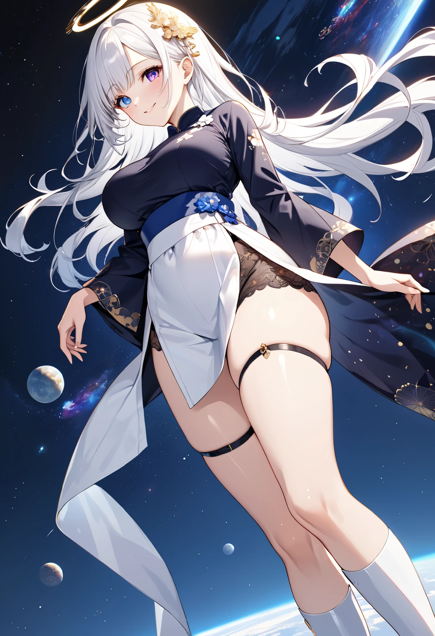 Fresh illustration,
Ultra-fine drawing,
Top quality,
Very delicate illustration,
Very fine details,
Beautiful charming anime woman,
Enchanting anime girl,
Super detailed,
Beautiful and sophisticated,
Illustration of a girl,
Full body view,
Height 158cm,
Fair skin,
Right eye blue, left eye purple, complete heterochromia,
Large black pupils,
Beautiful eyes,
Super long hair,
Shiny hair,
Blue roots, white hair elsewhere,
Hair with gradient,
Protruding forehead,
Pretty and cute face,
Rich cheeks,
Small shiny halo floating on the back of the head,
Lowered eyebrows,
Smiling,
Upper body in kimono,
Overall white clothes,
Lower body in cheongsam,
Black obi,
Tasteful embroidery with gold thread,
Clothes with high-quality texture,
Narrow shoulders,
Big breasts,
garter belt,
thigh straps,
thigh straps digging into skin,
white long boots,
thin waist,
thick thighs,
isometric,
golden ratio,
divine atmosphere,
wearing an indigo-colored stand-up collared inner,
outer space,
multiple galaxies,
countless small stars,
tactical use of shadows,
hair and halo on head do not extend beyond frame,
clothes do not extend beyond frame,
waist shot,