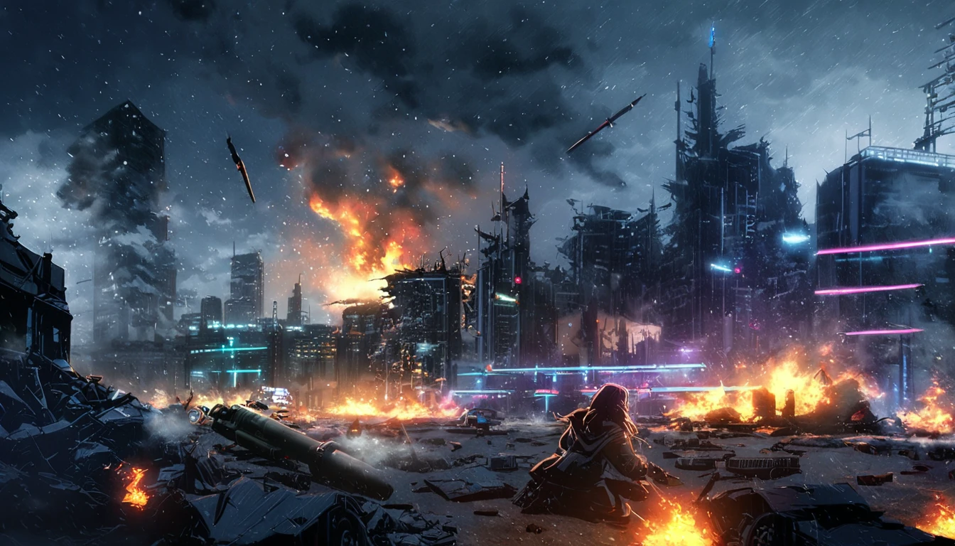 cold, destroyed place, fire, explosion, neon lights, blade runner, smoke, cloudy, cyberpunk city, rocket launcher, missles, flying bombs, snowstorm background, comics art style
