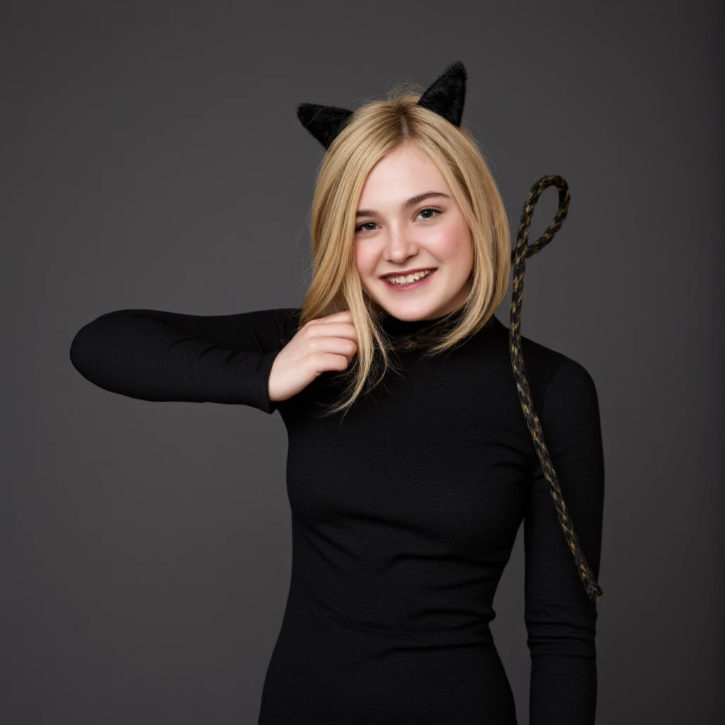 a professional studio photo of Elle Fanning wearing a Catwoman costume without the mask and holding a whip with one hand, she is looking at the camera and smilling.