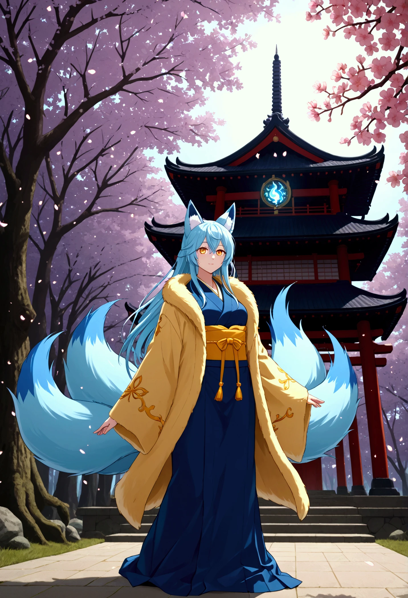 womanfox Light blue hair 　beast girl　indigo fur　fox beast girl　fox Light blue hair 　beast girl　indigo fur　fox beast girl　Wallpaper 4k,8k,highly detailled,,vivid colors,detailed kitsune with 9 tails,traditional Japanese artwork,tatami floor,beautiful cherry blossoms,floating lanterns,dark silhouette of a pagoda,subtle moonlight,dense forest,ethereal atmosphere,dappled sunlight,whimsical spirit,serene expression,elaborate kimono and obi,delicate hand-painted details,luminous eyes　Anime Style　fox　blue　White-faced golden-haired nine-tailed fox　Coat blue　woman　fox Light blue hair 　beast girl　indigo fur　fox beast girl　Anime Style　fox　blue　White-faced golden-haired nine-tailed fox　Coat blue　woman　　mysterious background　Blue Flame　girl　have a ball of light　fox Light blue hair 　beast girl　indigo fur　fox beast girl　mysterious background　Blue Flame　girl　have a ball of light Anime Style　fox　blue　White-faced golden-haired nine-tailed fox　Coat blue　　　mysterious background　Blue Flame　girl　have a ball of light　woman