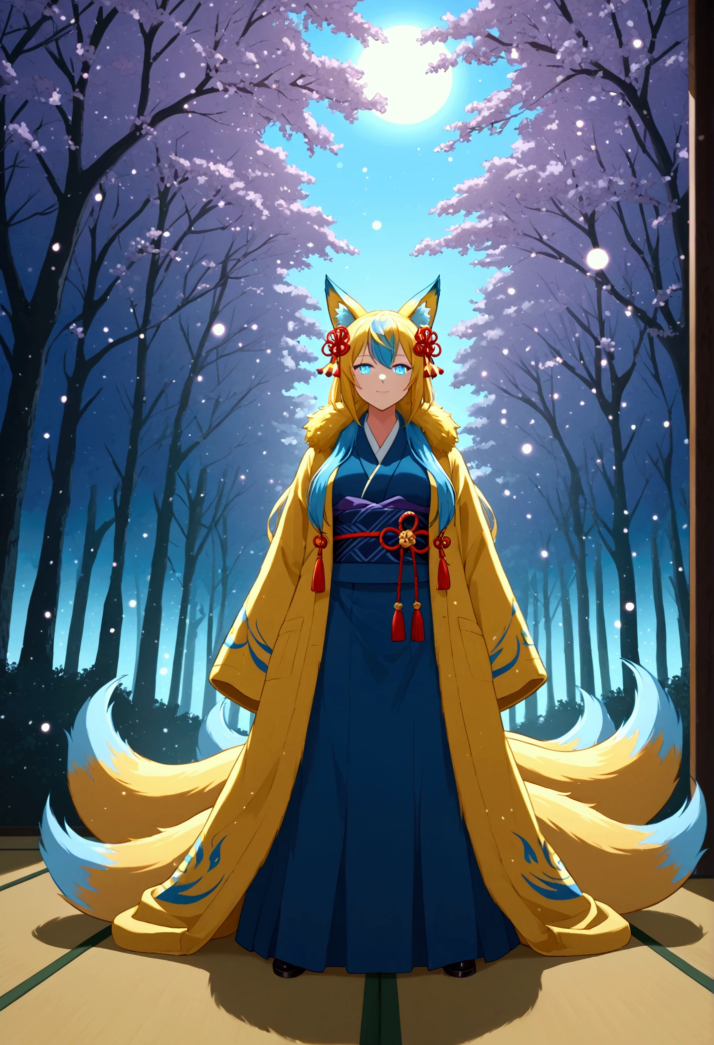 womanfox Light blue hair 　beast girl　indigo fur　fox beast girl　fox Light blue hair 　beast girl　indigo fur　fox beast girl　Wallpaper 4k,8k,highly detailled,,vivid colors,detailed kitsune with 9 tails,traditional Japanese artwork,tatami floor,beautiful cherry blossoms,floating lanterns,dark silhouette of a pagoda,subtle moonlight,dense forest,ethereal atmosphere,dappled sunlight,whimsical spirit,serene expression,elaborate kimono and obi,delicate hand-painted details,luminous eyes　Anime Style　fox　blue　White-faced golden-haired nine-tailed fox　Coat blue　woman　fox Light blue hair 　beast girl　indigo fur　fox beast girl　Anime Style　fox　blue　White-faced golden-haired nine-tailed fox　Coat blue　woman　　mysterious background　Blue Flame　girl　have a ball of light　fox Light blue hair 　beast girl　indigo fur　fox beast girl　mysterious background　Blue Flame　girl　have a ball of light Anime Style　fox　blue　White-faced golden-haired nine-tailed fox　Coat blue　　　mysterious background　Blue Flame　girl　have a ball of light　woman