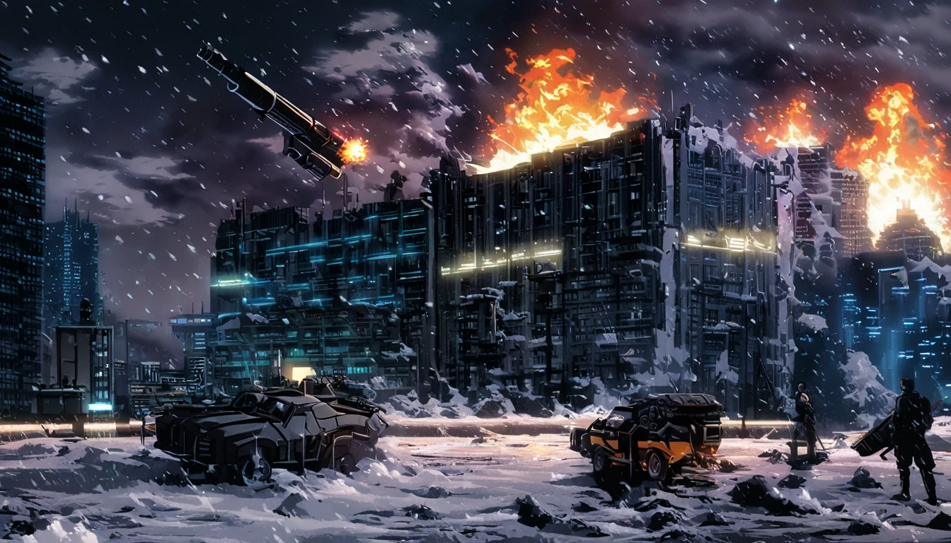 cold, destroyed place, fire, explosion, neon lights, blade runner, smoke, cloudy, cyberpunk city, rocket launcher, missles, flying bombs, snowstorm background, comics art style
