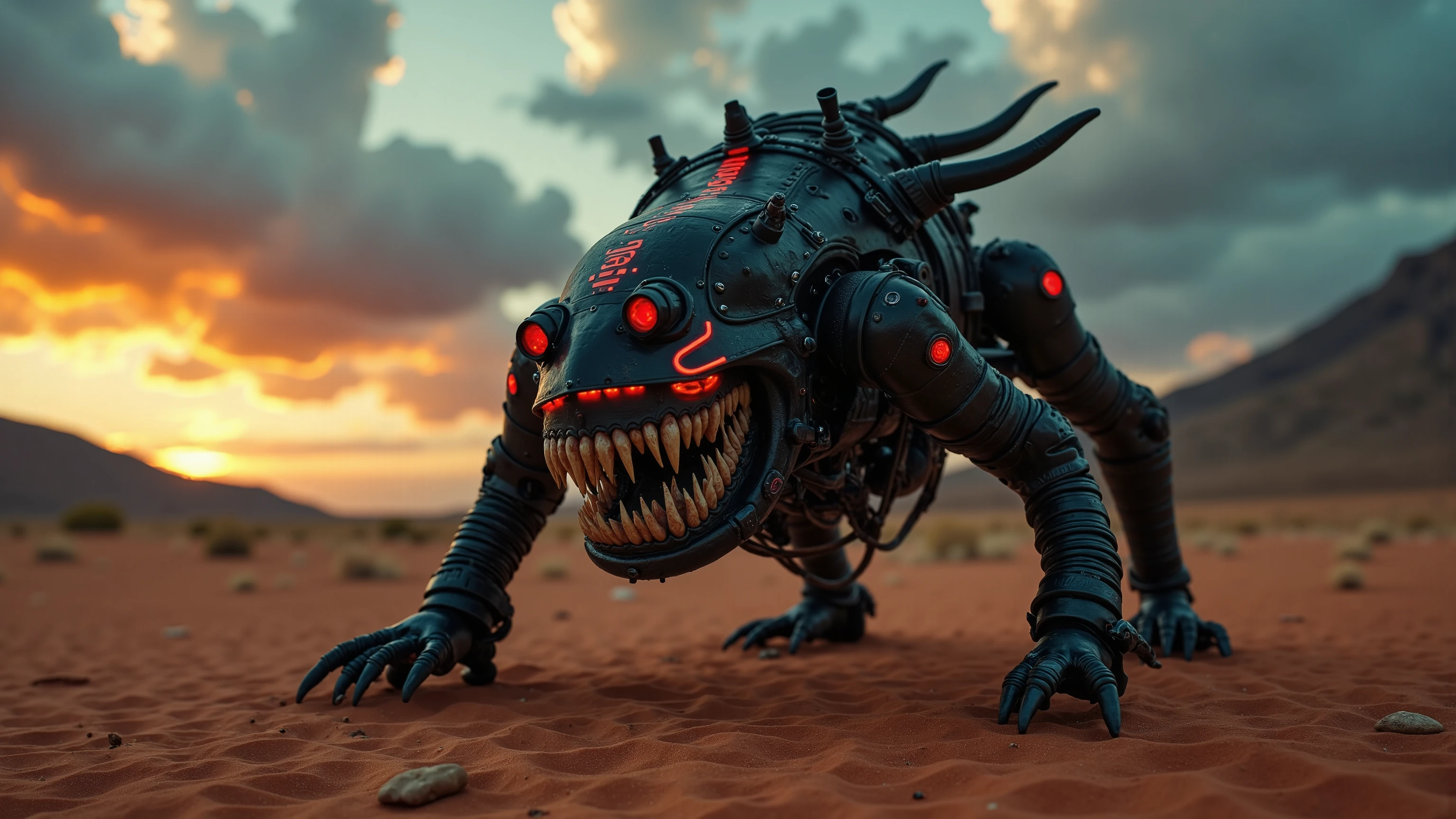 Captured at eye-level on a low-angle perspective, a medium-angle shot captures a beast drone with teeth adorned with red and blue headlights. The creature's body is adorned with black metal pipes, with the glowing red lettering "Singularity" on it's side, and its head is encircled by a series of long, curved arms and legs. Its eyes are glowing red, adding a pop of colour to the otherwise monochromatic scene. The scene is set in a desert-like setting, with a mountain range in the background. The sky is filled with dark gray clouds, and the sun is setting in the distance, creating a vibrant contrast to the scene. ray tracing, photorealistic, DSLR, UHD, 16k, masterpiece, award-winning