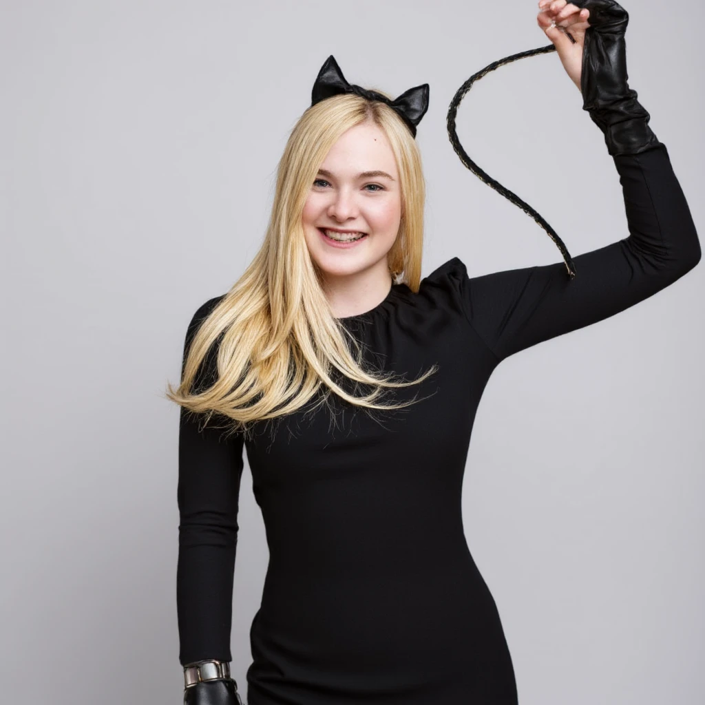 a professional studio photo of Elle Fanning wearing a Catwoman cosplay without the mask and holding a whip with one hand, she is looking at the camera and smilling.