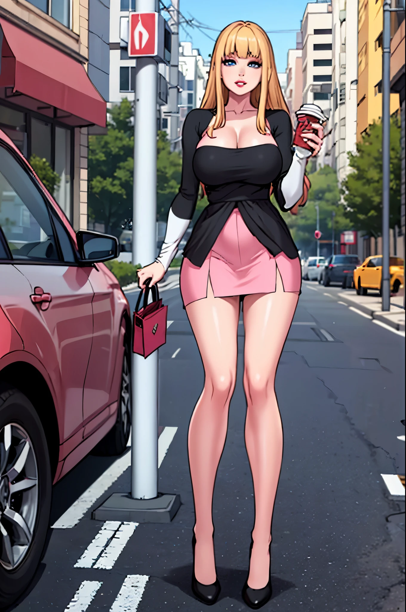 A sexy slim cute beautiful woman with blonde long hair bangs, big blue eyes, extremely fair white skin, and pink plump lips. She's wearing a revealing short tight top with sleeves and a skirt with black strappy heels. A takeaway cup in one hand, a happy expression, a street in the background, standing straight, and show full body.