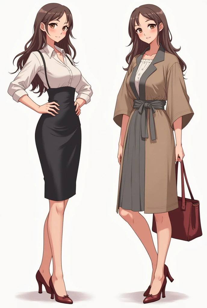 A mature and elegant anime woman in four poses Different, } each one highlighting her charisma and maternal attractiveness . has long, wavy hair , expressive eyes, and a sophisticated yet warm style . She wears various clothes to reflect her personality : a fitted office dress , comfortable casual wear , an elegant modern kimono , and an apron over household clothes . The poses include :
Standing with her hands on her , showing confidence and authority .
Sitting on a sofa , with a crossed leg and a relaxed expression .
Crouched while helping an imaginary , with an affectionate smile .
Walking to the camera with a bag on her arm , looking sideways with a smile . In pose