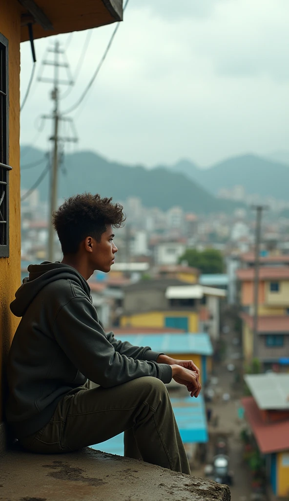 a photo of Sipho Emiliano, a 1 black boy, with black curly hair, brown eyes, black blouse, jeans, white sneakers, looking at the landscape, from above his house, in the favela of Rio de Janeiro, Distorted colorscheme, Uhd, 8k, full body, golden ratio, anime-style