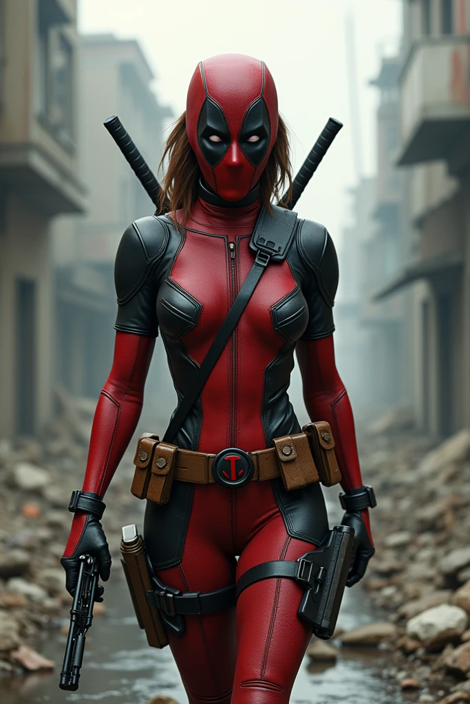 The woman with the delicate and feminine face, with intense light blue eyes, straight and thin nose, and a small, oval mouth, dresses in a realistic looking Deadpool suit. The suit is fitted and has a button and belt design on the torso., with a short, flared skirt that covers her legs. The top of the suit does not cover your head, letting his face be seen in all its forms. Deadpool's mask is hanging around his neck, like a ring, which gives it a touch of irony and humor.
The suit is a prominent red color and the flowery design is less visible., rather a minimalist touch that stands out in the belt and buttons. The skirt has a small buckle and the belt is the typical Deadpool belt., with a big "D" metallic in the middle. The woman looks comfortable and confident in the suit, with a playful smile on his face and a piercing look in his eyes.