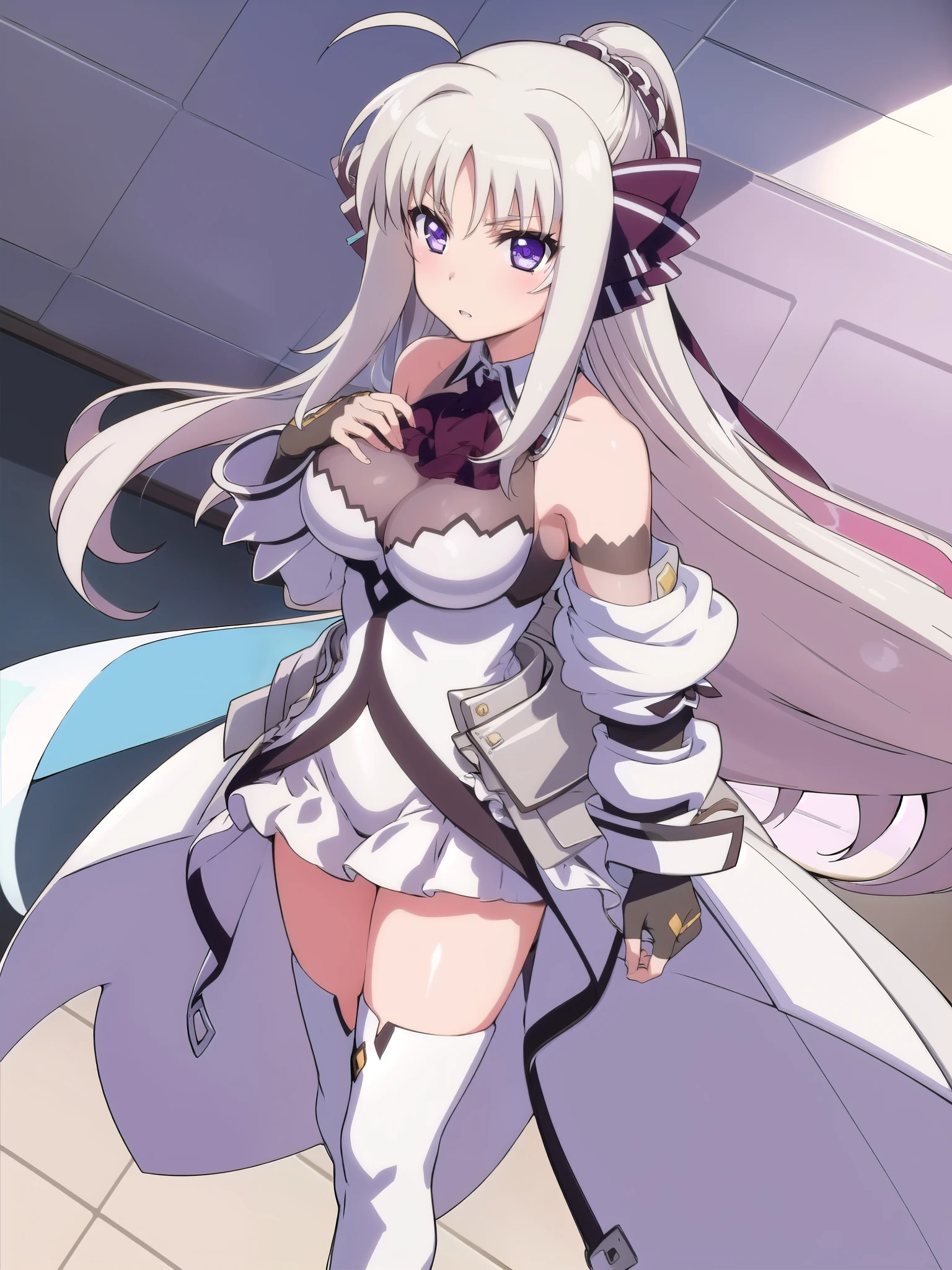  score_9, score_8_up, score_7_up, source_anime, rating_safe BREAK 1 girl, solo, ((indoor)), best quality, high quality, ultra detailed, detailed fingers, ((white hair)), rinne_bj, ((white thigh-length boots)), absolute territory, bare shoulders, ((thigh-high boots)), black gloves, black ascot, fingerless gloves, puff sleeves, skirt, black sleeves, separated sleeves and shoulders,
 female standing, long hair, looking at viewer, purple eyes, ahoge, v-shaped eyebrows, large breasts, hair ribbon, ponytail, bangs, full body, 
