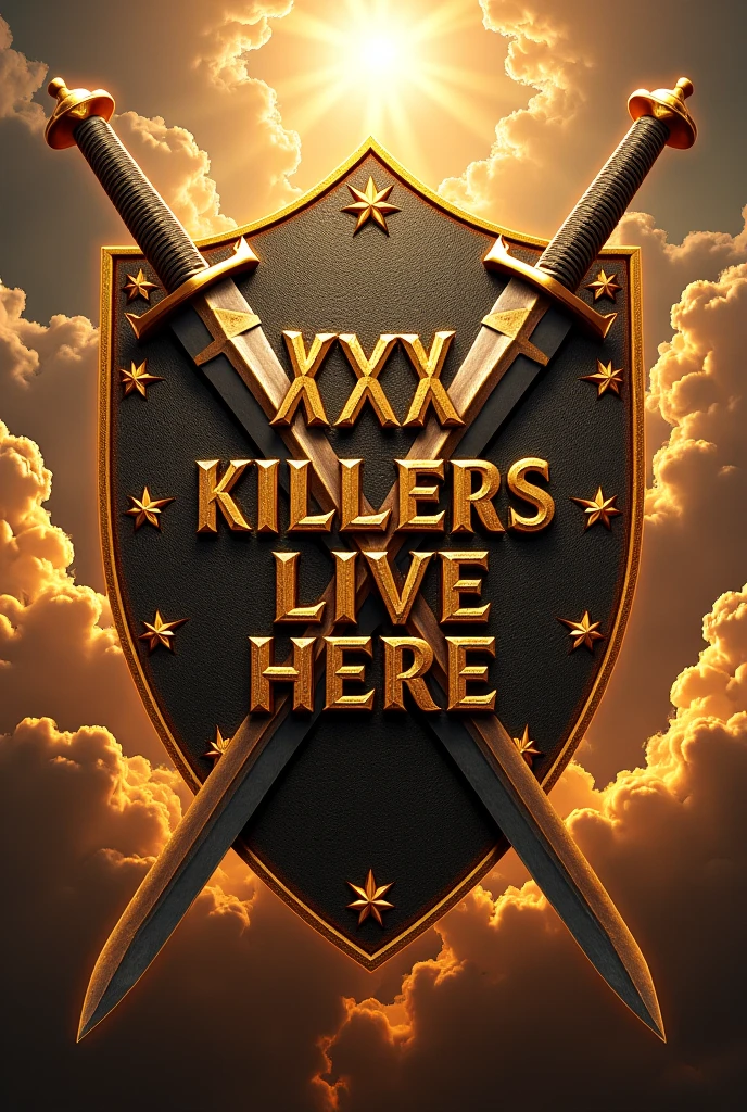 Shield with xXx KILLERS LIVE HERE engraved in gold, 2 swords passing through it ,Greek Gods background , Apollo and Athenea , golden clouds